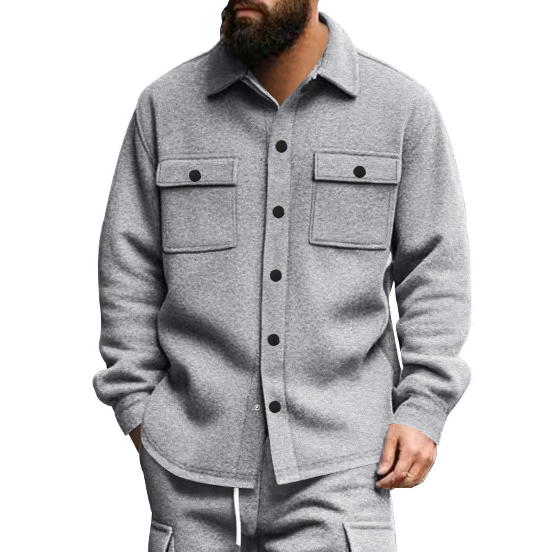 Men's fashionable overshirt jacket in felt look with patch breast pockets and visible snap button placket StylebySassy