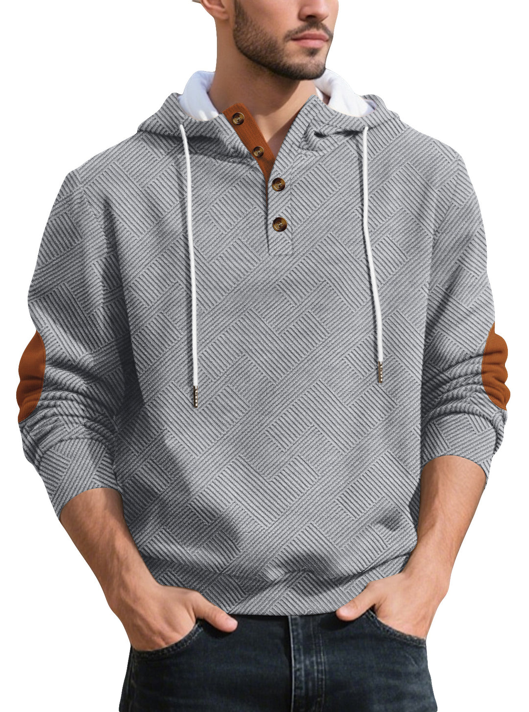 Men's structured hoodie henley pullover with jacquard texture, button placket, and elbow patches StylebySassy