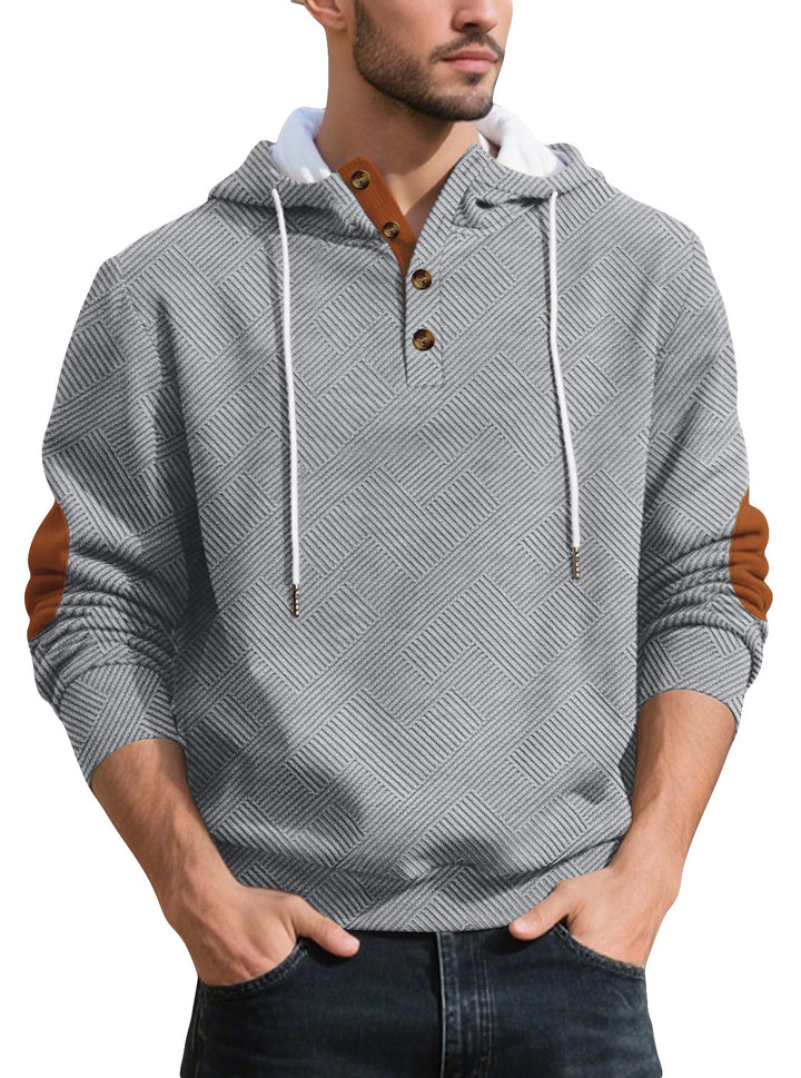 Men's structured hoodie henley pullover with jacquard texture, button placket, and elbow patches StylebySassy
