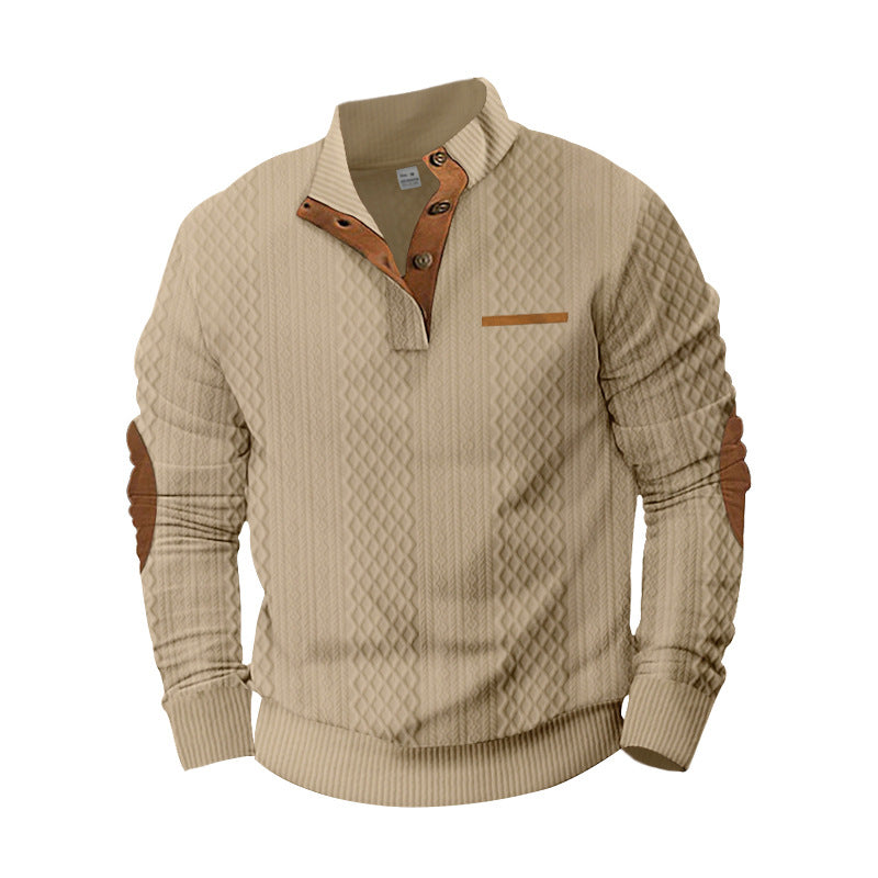 Men's knitted pullover with stand-up collar, button placket and elbow patches StylebySassy