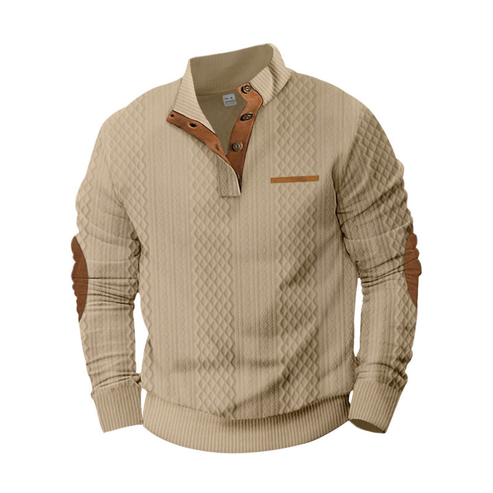 Men's knitted pullover with stand-up collar, button placket and elbow patches StylebySassy