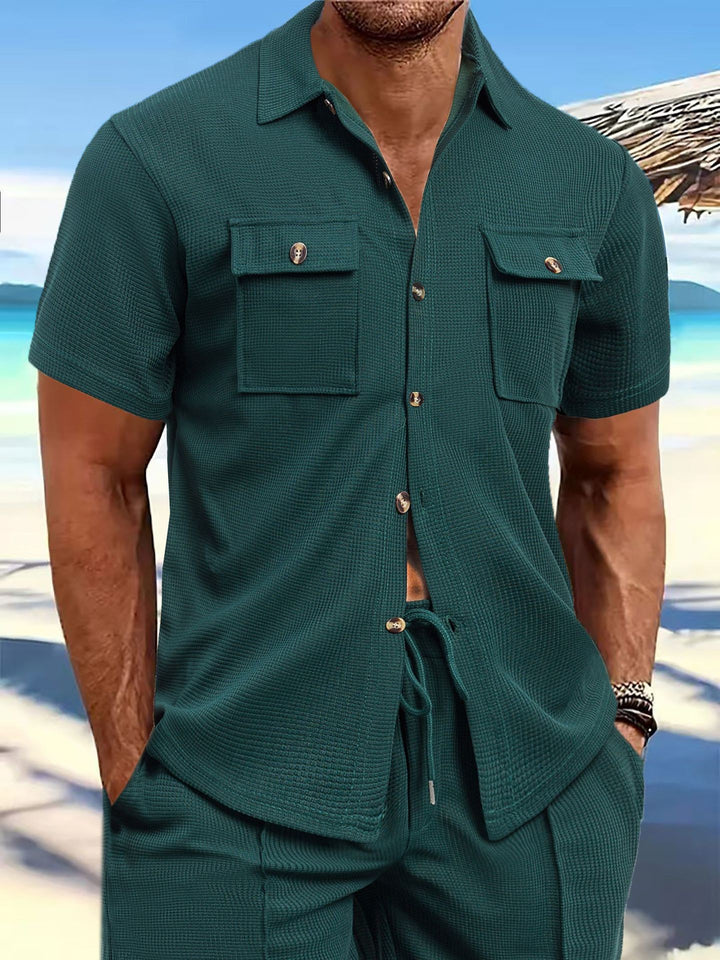 Men's structured waffle lounge set with shirt jacket, chest pockets and corded pants StylebySassy