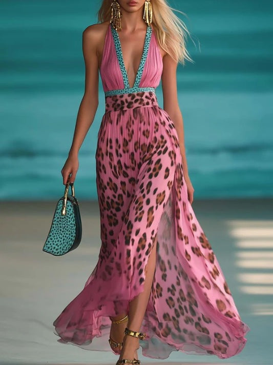 Women nan maxi dress with deep V-neck, braided halter, leopard print, pleated chiffon skirt, and side leg slit StylebySassy