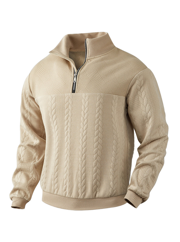 Men's textured knit sweater with half zip, braided cable pattern, and high stand-up collar StylebySassy
