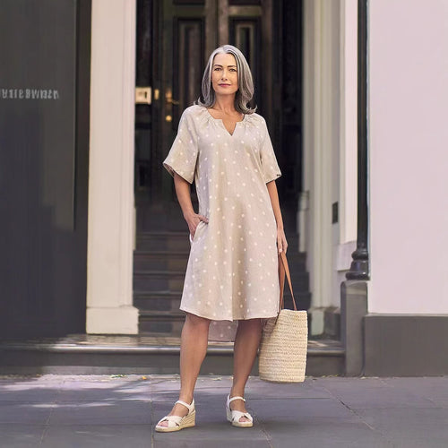 Ladies casual A-line linen look dress with V-neck, gathered shoulder area and side pockets StylebySassy