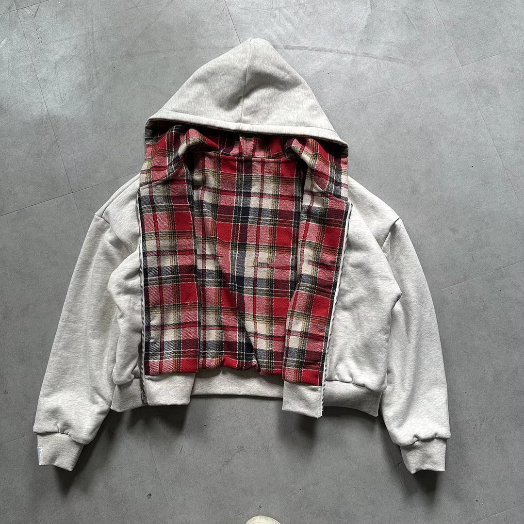 Unisex non-padded hooded jacket with checked flannel lining and zipper StylebySassy