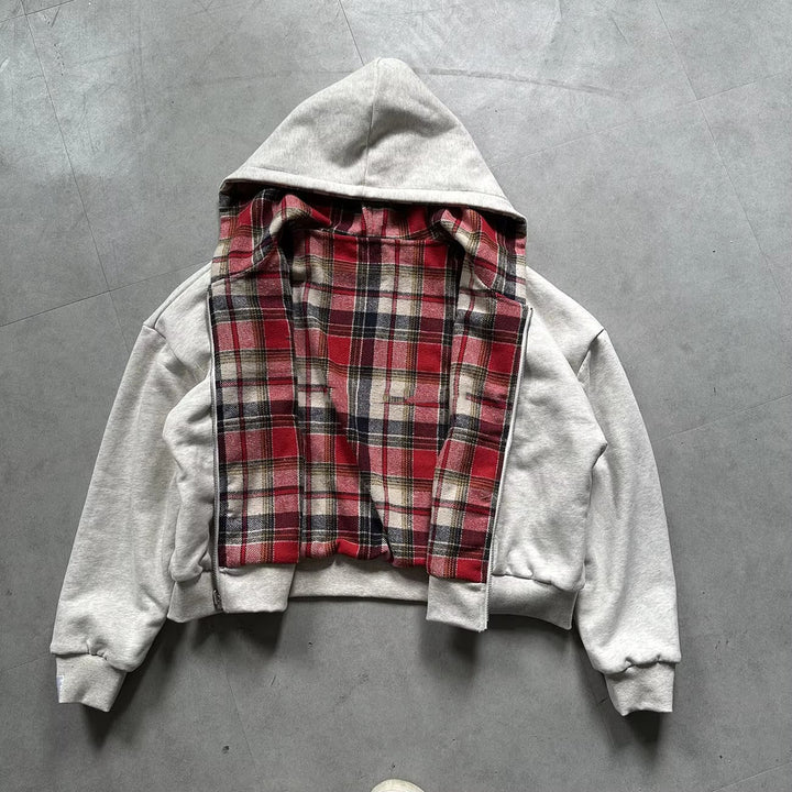 Unisex non-padded hooded jacket with checked flannel lining and zipper StylebySassy