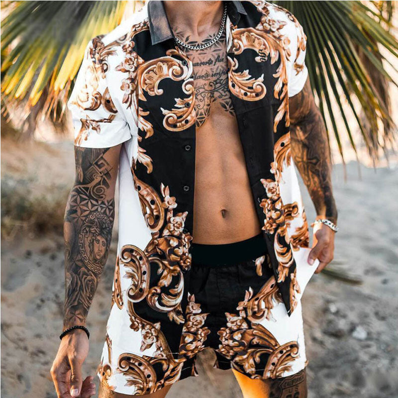 Men's short-sleeved shirt with baroque pattern and matching loose-fitting shorts StylebySassy