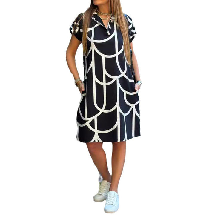 Ladies' geometric shift dress with polo collar and rolled-up short sleeves StylebySassy