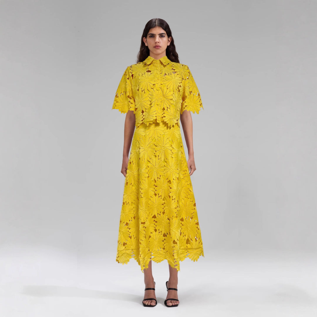 Ladies two-piece crochet lace set with shirt collar, short sleeves, and flared midi skirt StylebySassy