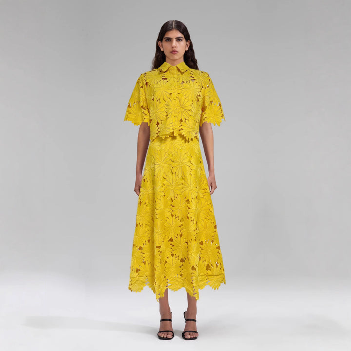 Ladies two-piece crochet lace set with shirt collar, short sleeves, and flared midi skirt StylebySassy