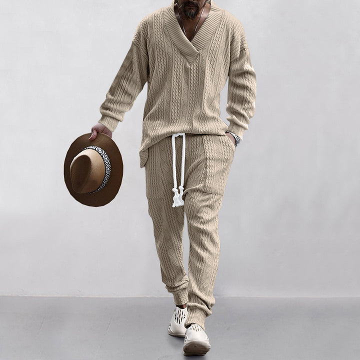 Men's comfortable cable knit set with deep V-neck, drawstring joggers and cuff StylebySassy