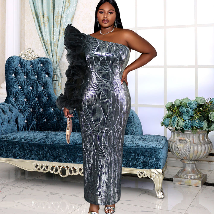 Women's Glittering Evening Dress with Asymmetrical Cut and Voluminous Ruffle Details StylebySassy