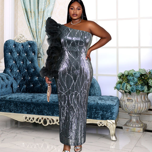 Women's Glittering Evening Dress with Asymmetrical Cut and Voluminous Ruffle Details StylebySassy