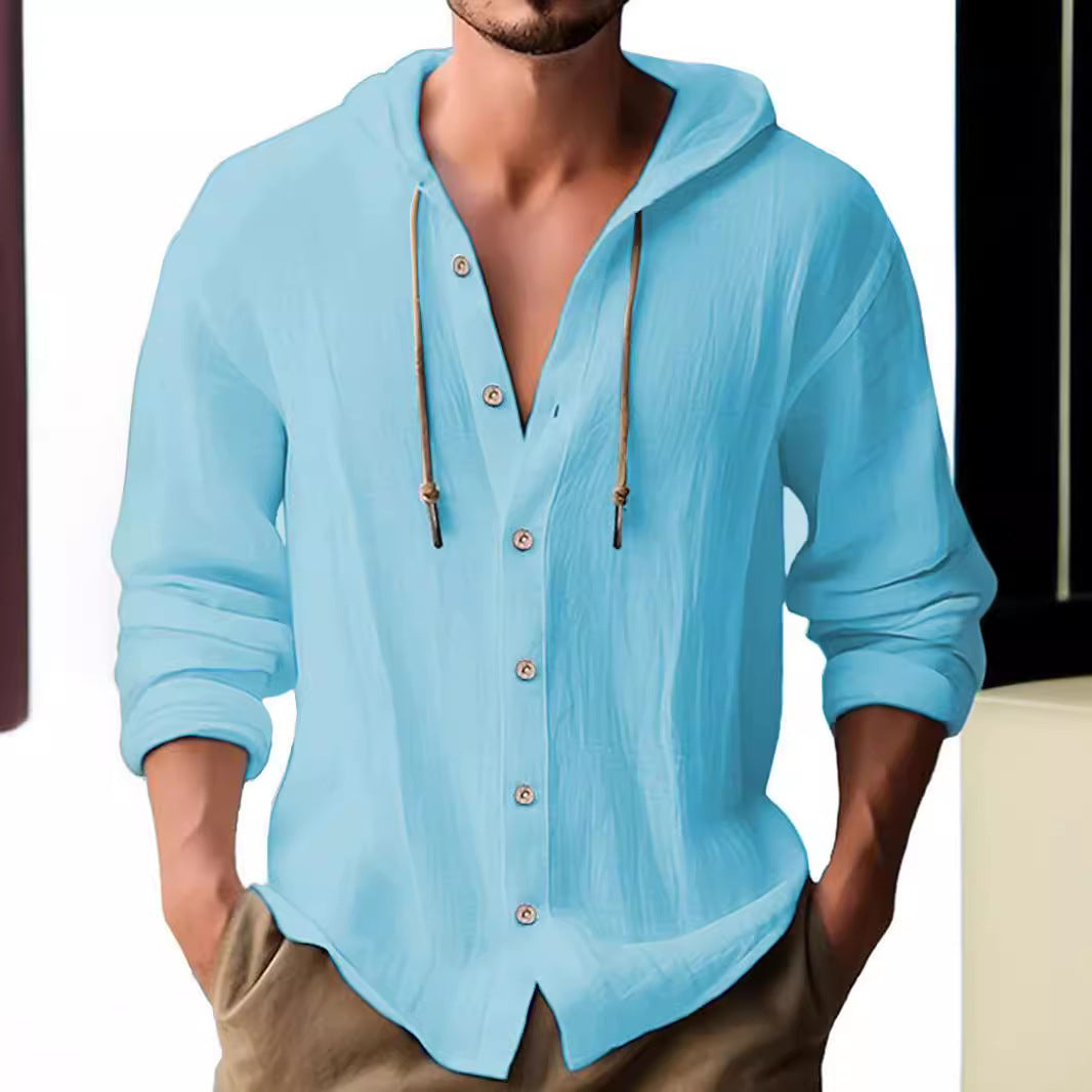 Men's casual hooded shirt with full button placket, drawstring, and lightweight linen look StylebySassy