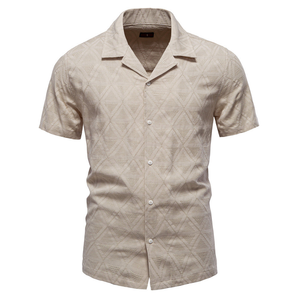 Men's short-sleeved shirt with open lapel collar and geometric jacquard structure StylebySassy