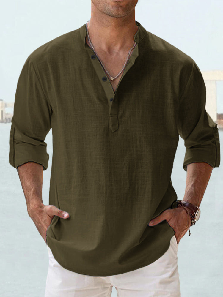 Men's nan casual linen henley shirt with stand-up collar, roll-up sleeves, and rounded hem StylebySassy