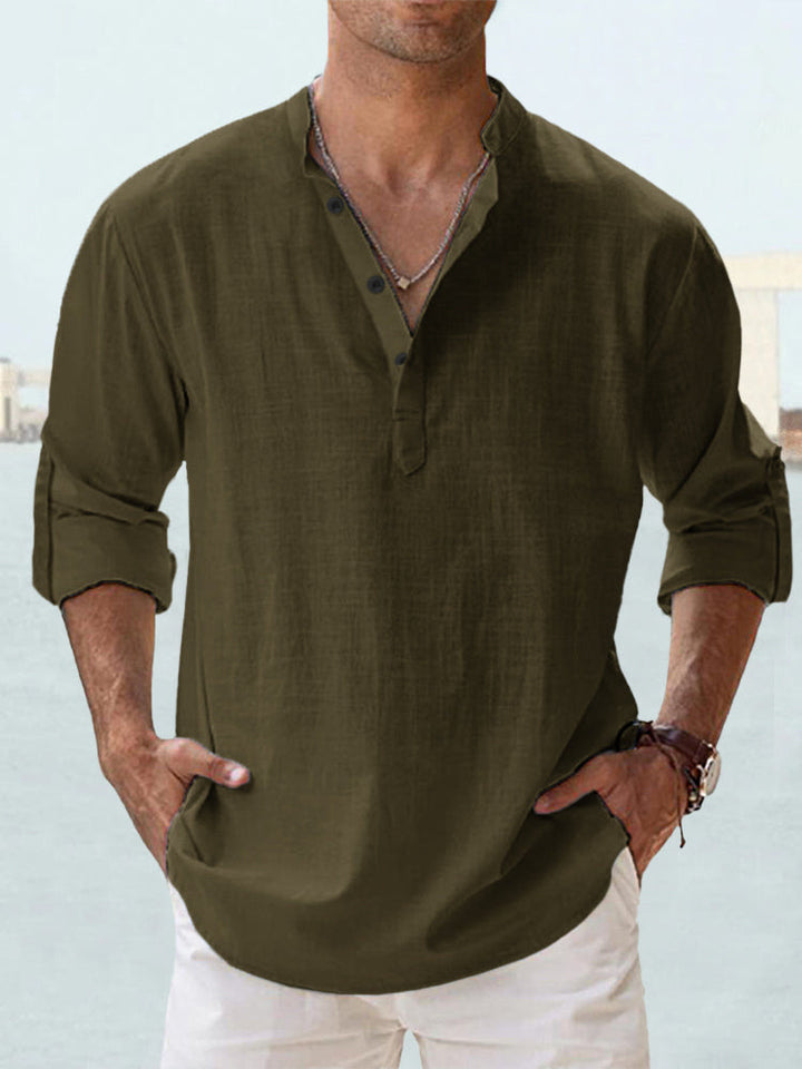 Men's nan casual linen henley shirt with stand-up collar, roll-up sleeves, and rounded hem StylebySassy