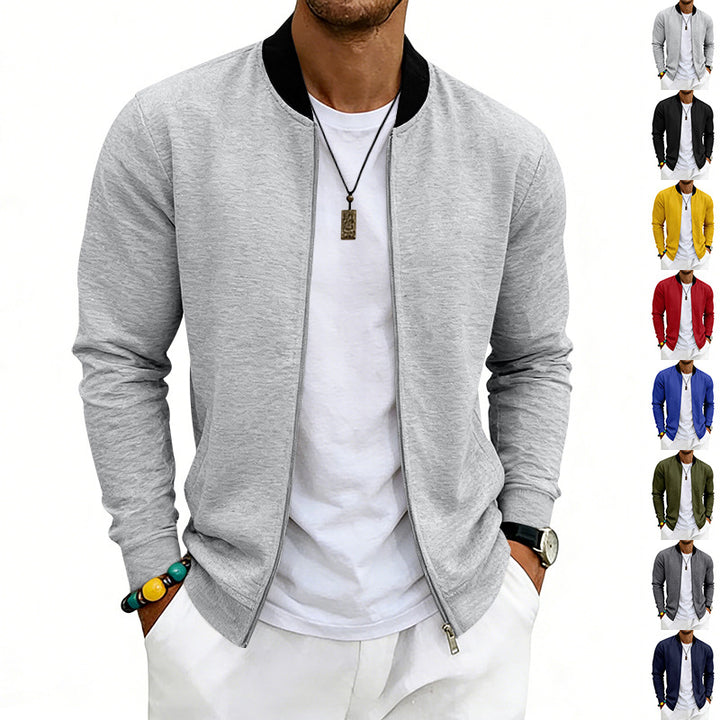 Men's lightweight bomber jacket made of jersey with stand-up collar, elastic cuffs, and concealed pockets StylebySassy