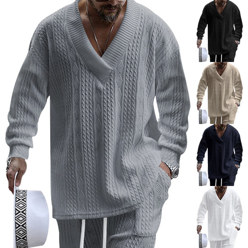 Men's relaxed knit ensemble with deep V-neck and elastic drawstring waistband StylebySassy