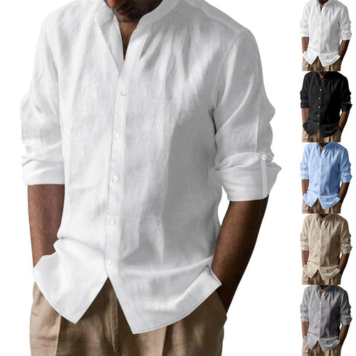 Men's casual linen shirt with Kent collar, continuous button placket, and roll-up sleeves StylebySassy