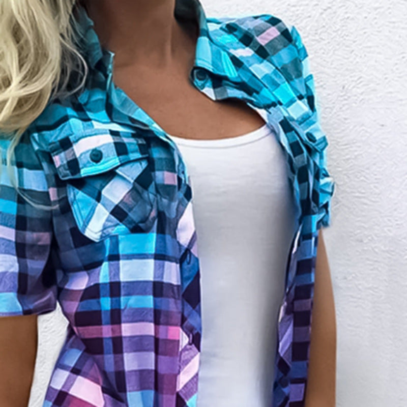 Women's long cut Karo shirt with applied breast pockets and casual summer fit StylebySassy
