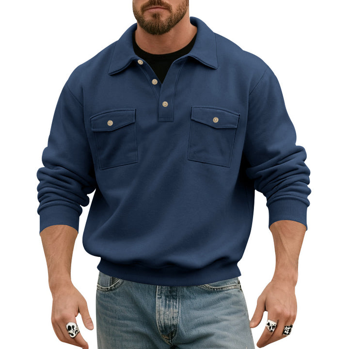 Men's polo collar sweatshirt with patch chest pockets and ribbed cuffs StylebySassy