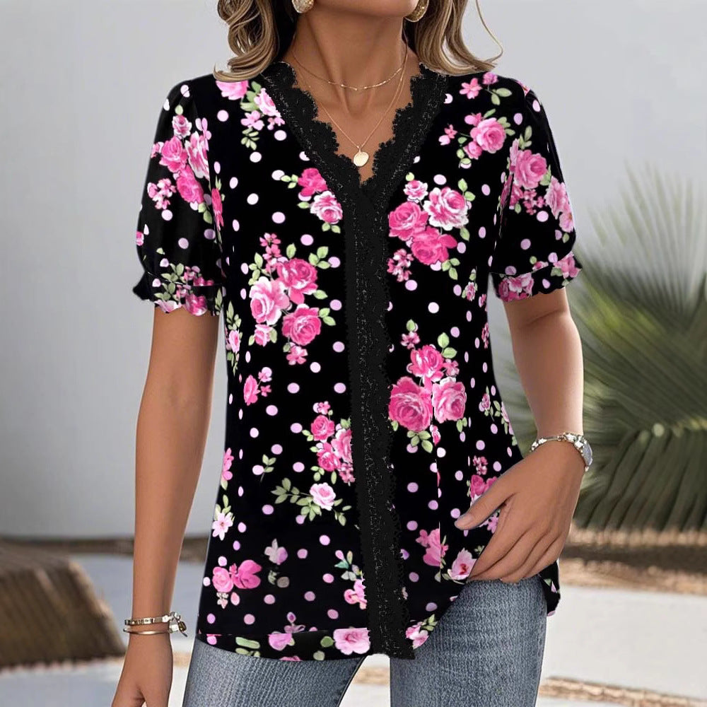 Ladies floral V-neck blouse with decorative lace trim and gathered short sleeves StylebySassy