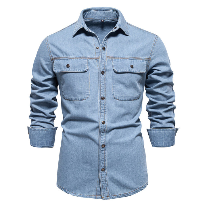 Men's light denim shirt with patch chest flap pockets and Kent collar StylebySassy