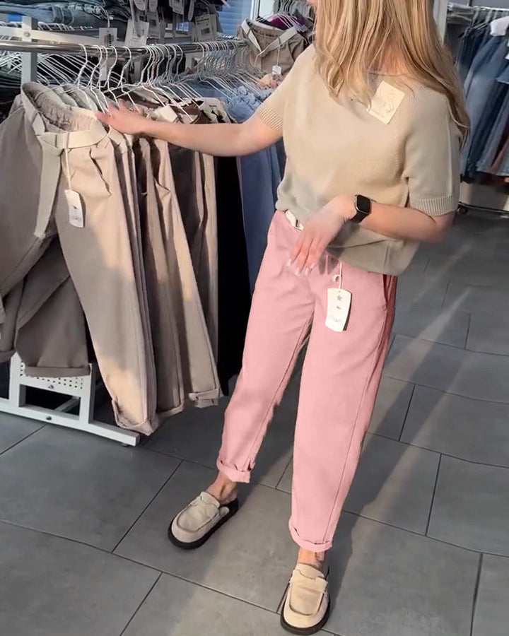 Women's casual cotton chinos with elastic comfort waistband, cuffs, and decorative belt StylebySassy