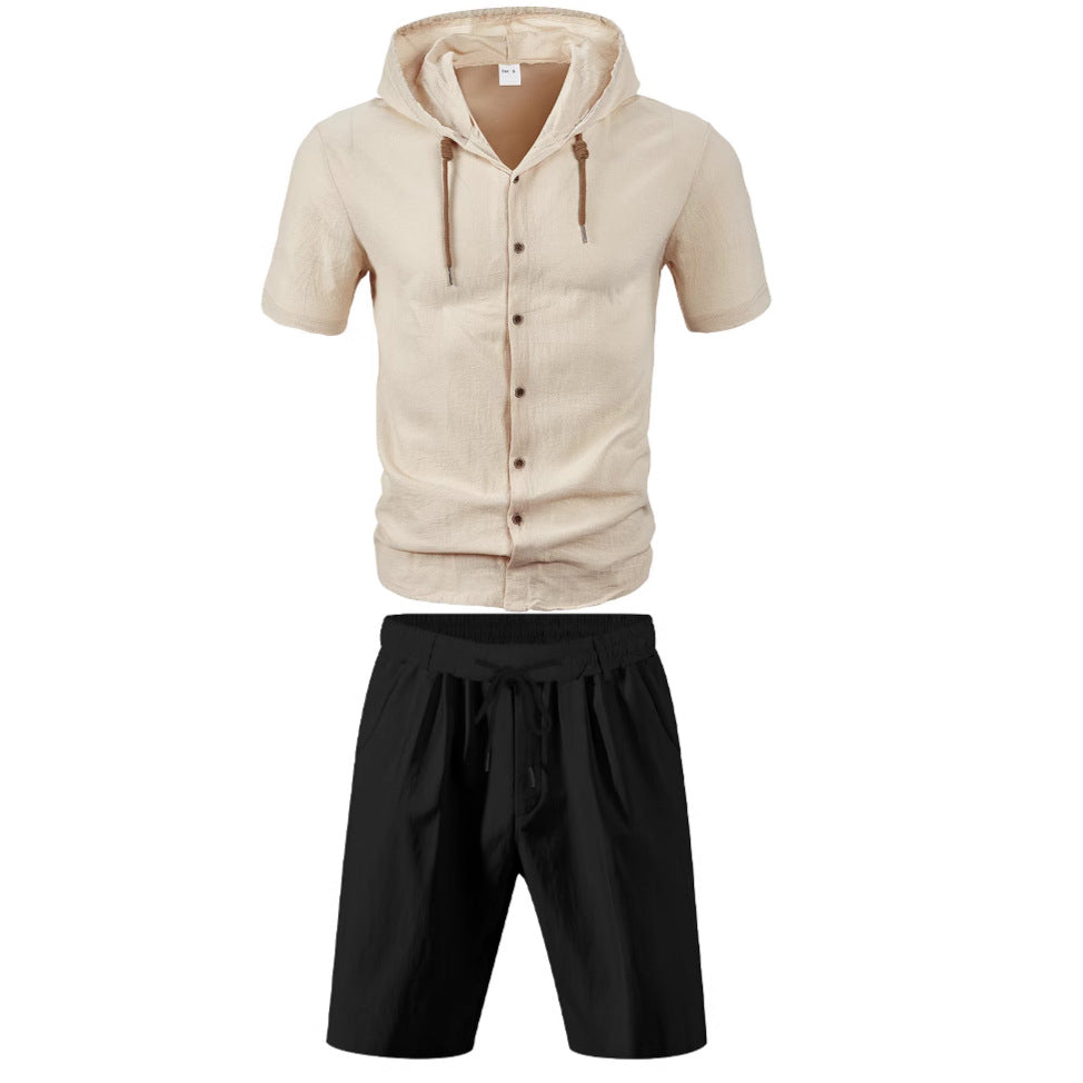 Men's lightweight summer hoodie in linen look with continuous button placket and drawstring StylebySassy