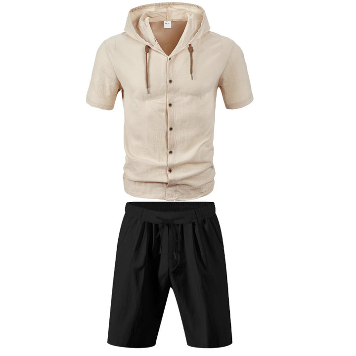 Men's lightweight summer hoodie in linen look with continuous button placket and drawstring StylebySassy