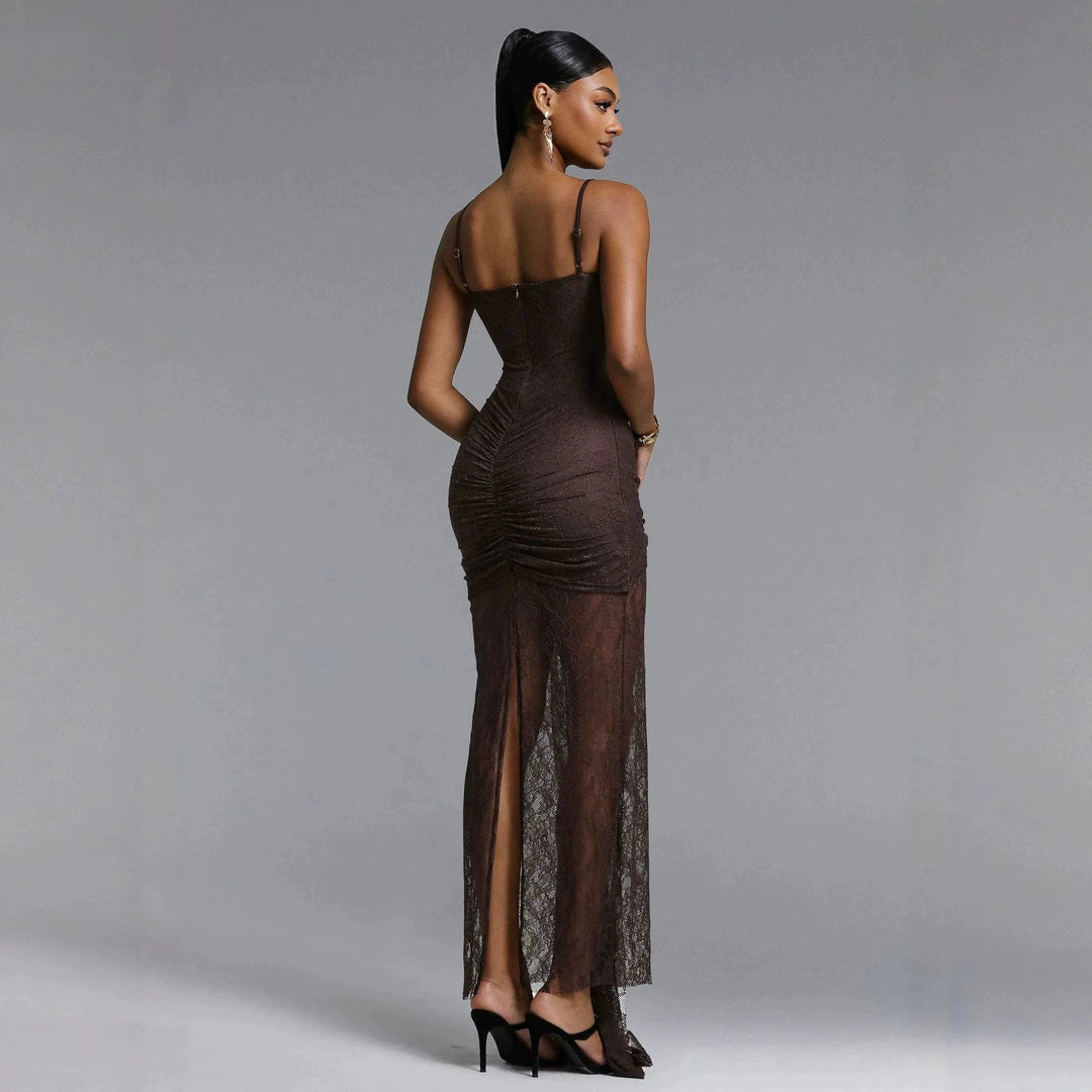 Women Elegant Lace Maxi Dress with Sophisticated Draping StylebySassy