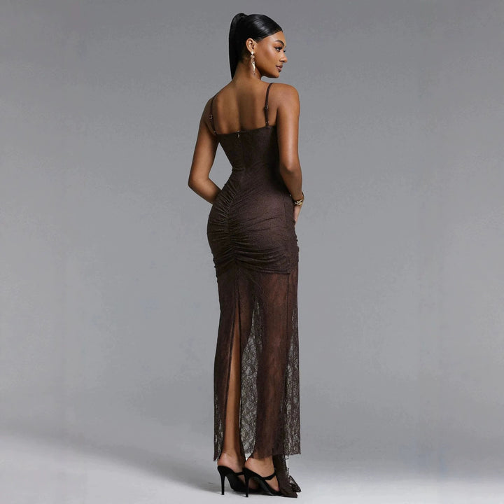 Women Elegant Lace Maxi Dress with Sophisticated Draping StylebySassy