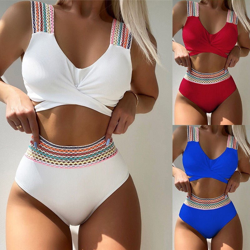 Women High-Waisted Bikini Set with Colorful Strap Design StylebySassy