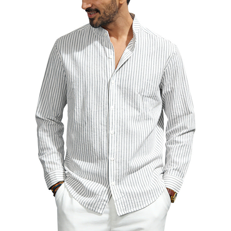 Men's striped stand-up collar shirt made of linen-cotton blend with button placket StylebySassy