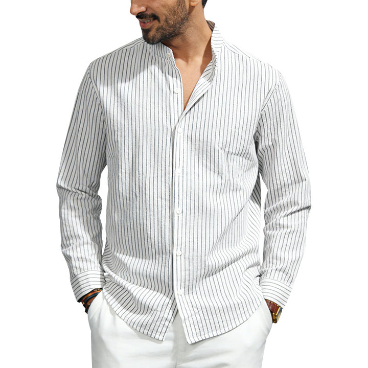 Men's striped stand-up collar shirt made of linen-cotton blend with button placket StylebySassy