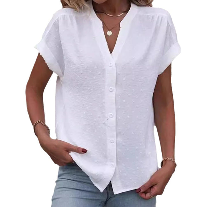 Ladies airy V-neck front button blouse with dobby dots and roll-up short sleeves StylebySassy