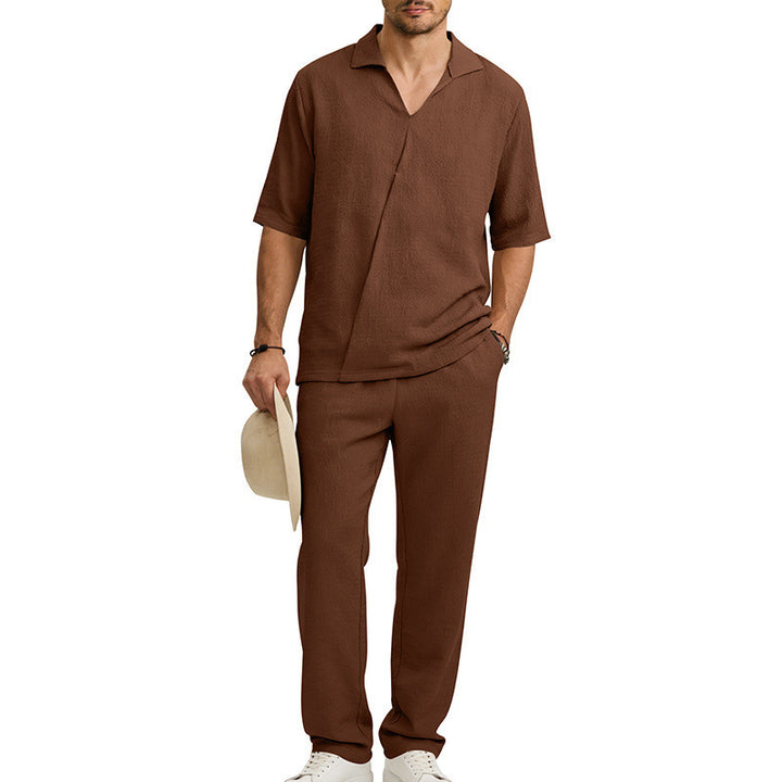 Men's crepe structure leisure set with open lapel collar and straight comfort trousers with side pockets StylebySassy