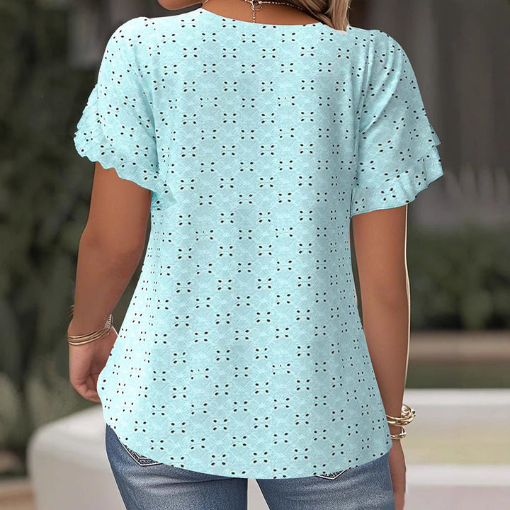 Women's Broderie Anglaise Blouse with Double Ruffle Sleeves and Casual Hip Length StylebySassy