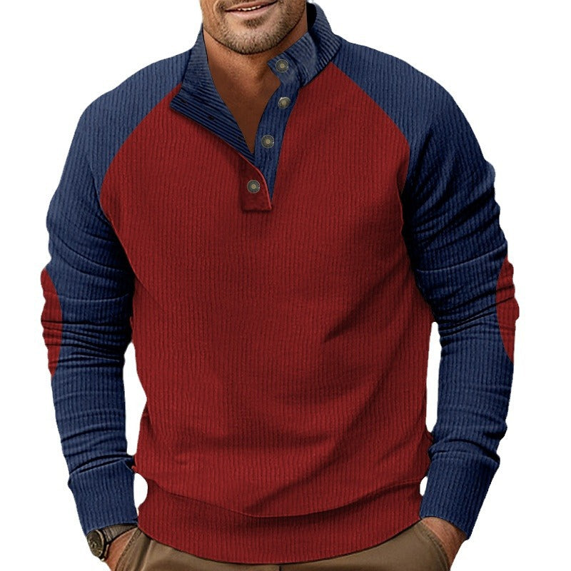 Men's rustic raglan knit sweater with short button placket and velour trim StylebySassy