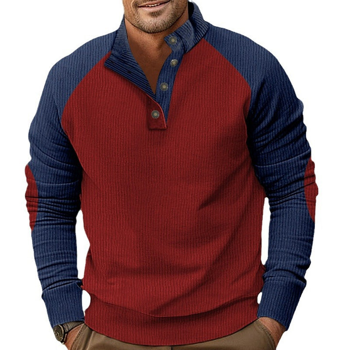 Men's rustic raglan knit sweater with short button placket and velour trim StylebySassy