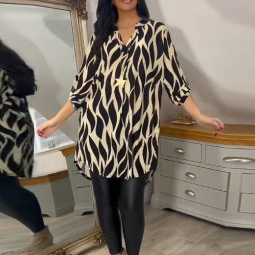 Women's oversized long tunic with abstract wave print, V-neckline and roll-up three-quarter sleeves StylebySassy
