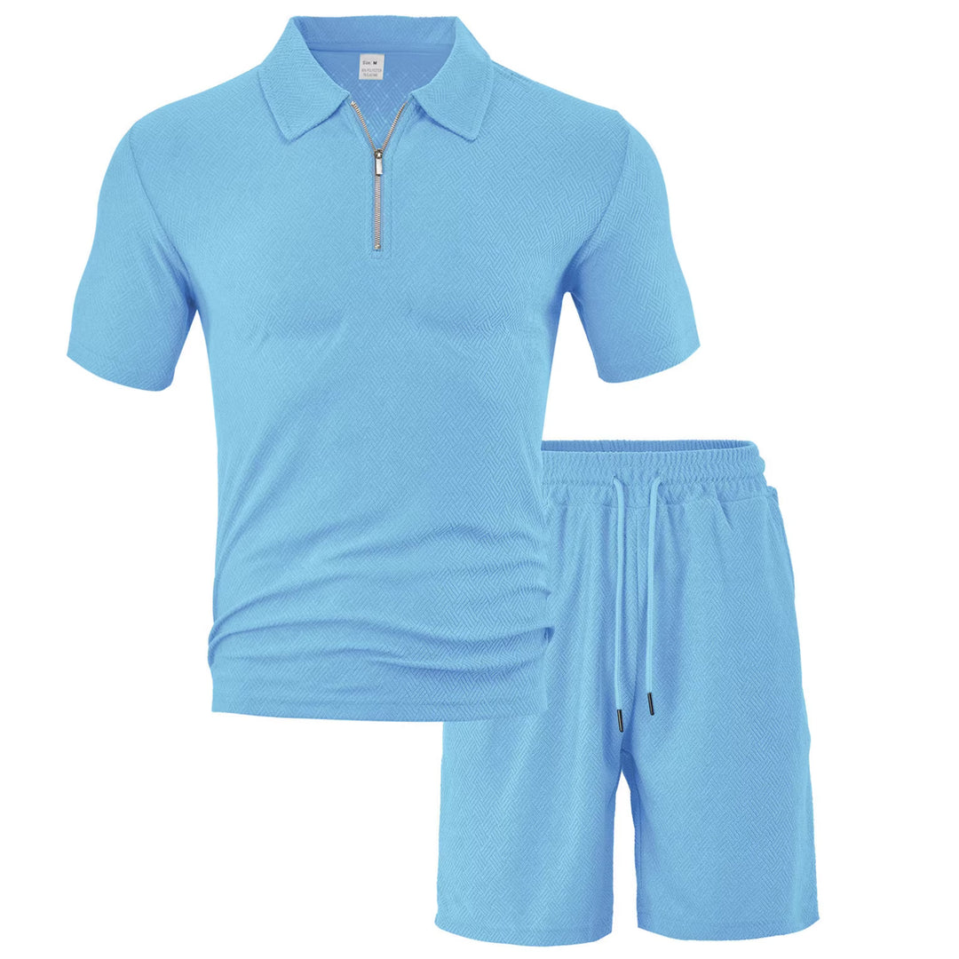 Men's comfortable short sleeve half zip set with polo collar and elastic cord pants made of textured knit StylebySassy