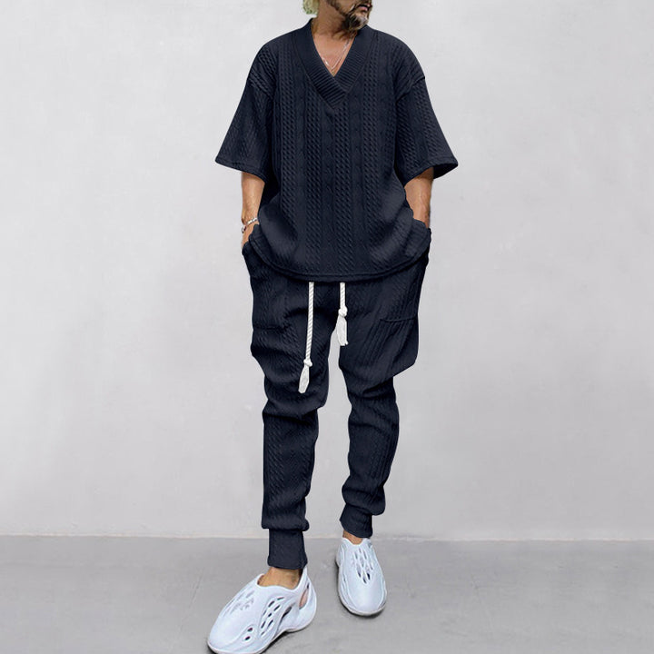 Men's casual knit set with V-neck and drawstring jogger pants StylebySassy