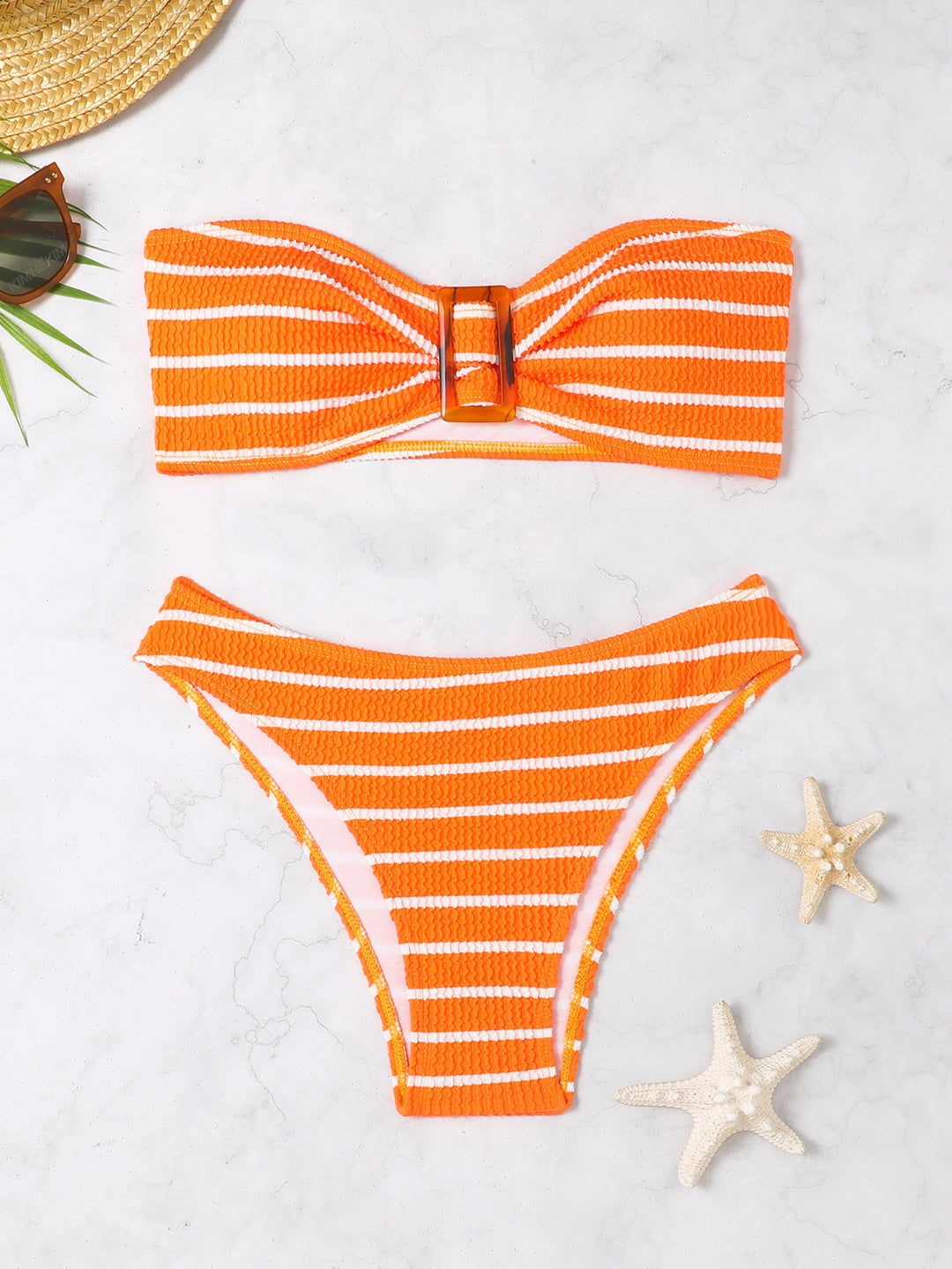 Women's bandeau bikini with a stylish striped pattern and decorative buckle StylebySassy