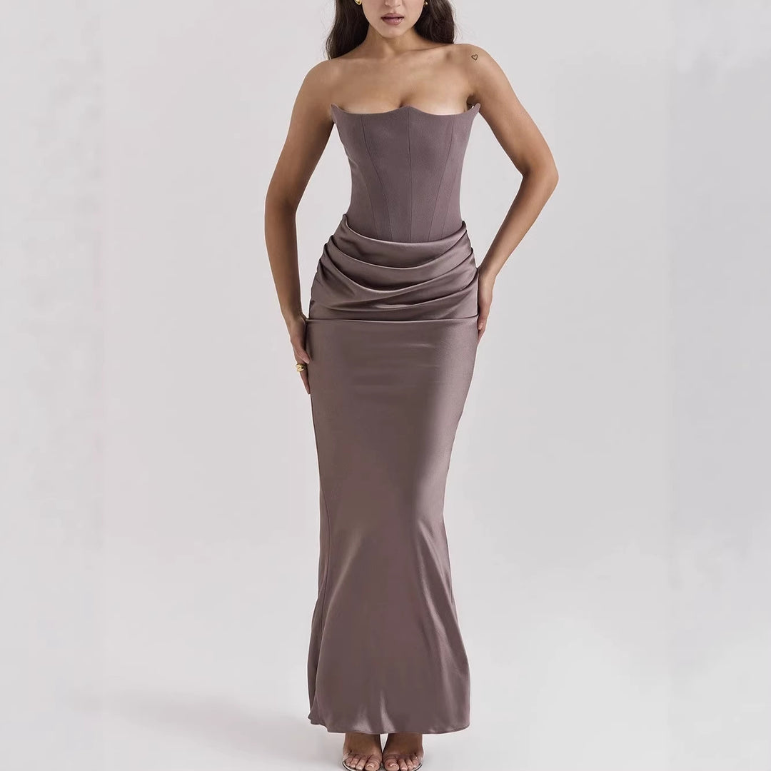 Women's strapless corset evening dress with contoured bodice construction and elegant hip draping StylebySassy