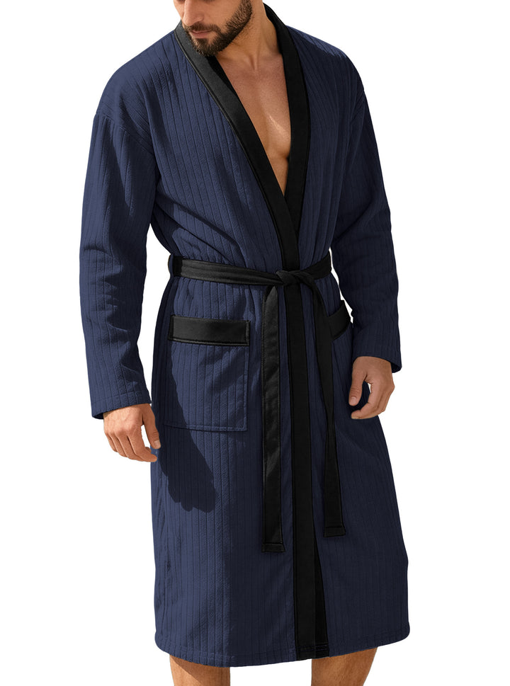 Men's knee-length ribbed kimono-style bathrobe with shawl collar and contrast piping StylebySassy