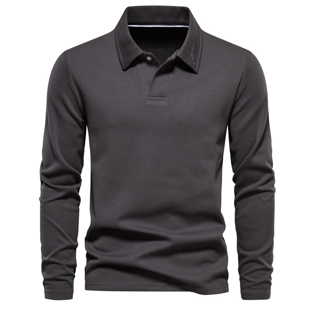 Men's long-sleeved polo shirt with open V-neck, slim fit and tone-on-tone collar embroidery StylebySassy