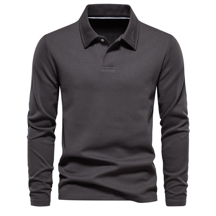 Men's long-sleeved polo shirt with open V-neck, slim fit and tone-on-tone collar embroidery StylebySassy